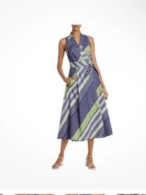 Tory Burch Sleeveless Diagonal Stripe wrap Midi Dress in Blue & Green